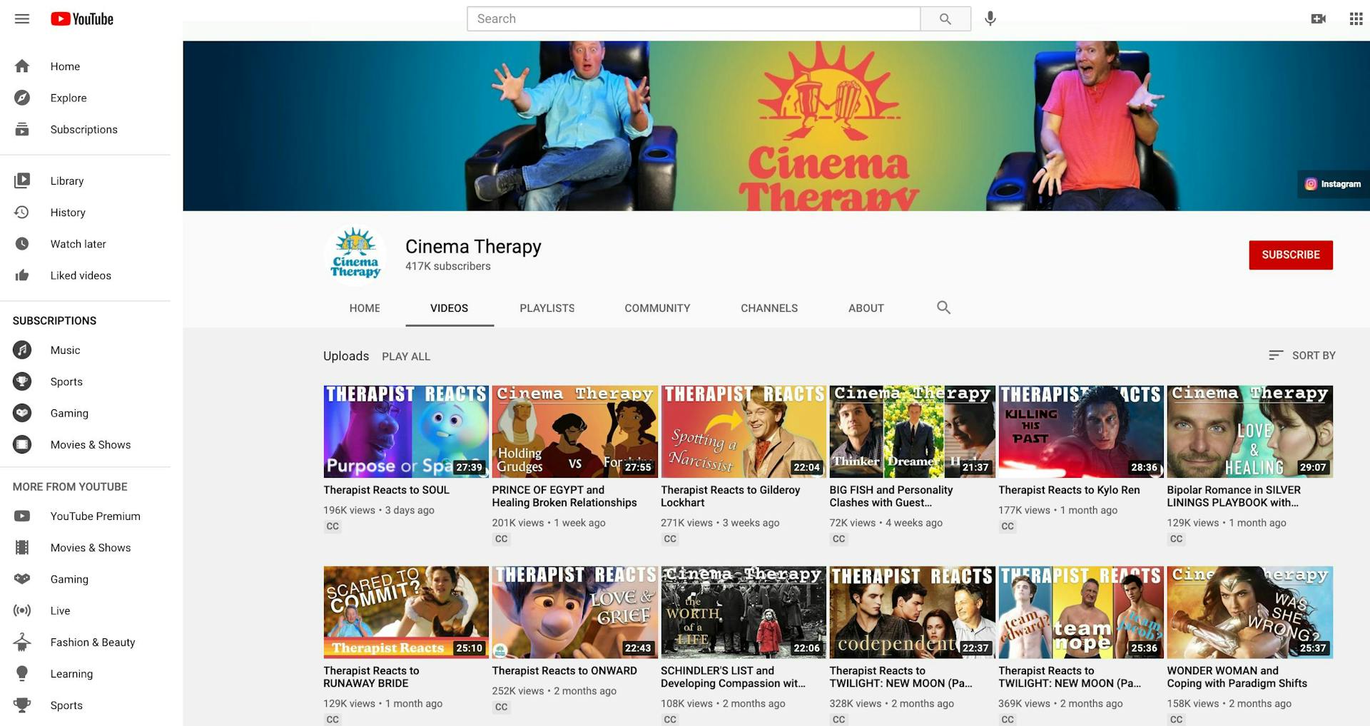 Full list of videos on Cinema Therapy YouTube channel showcasing different styles of thumbnails