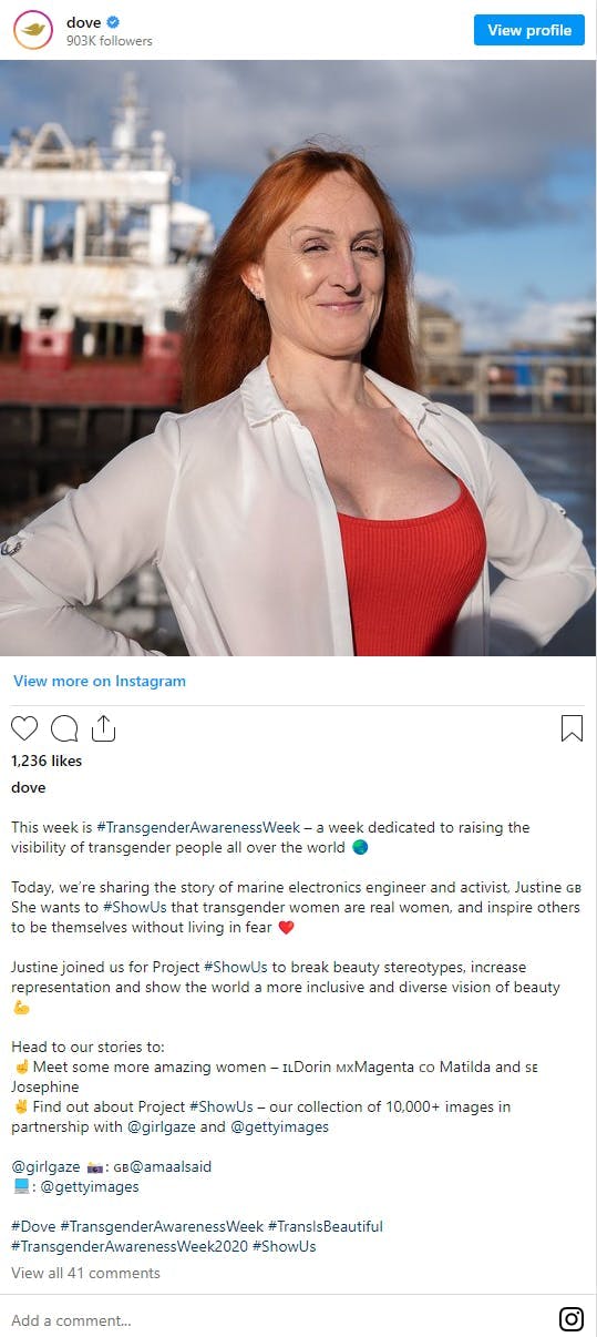 Instagram screen shot of Dove's ShowUs influencer campaign