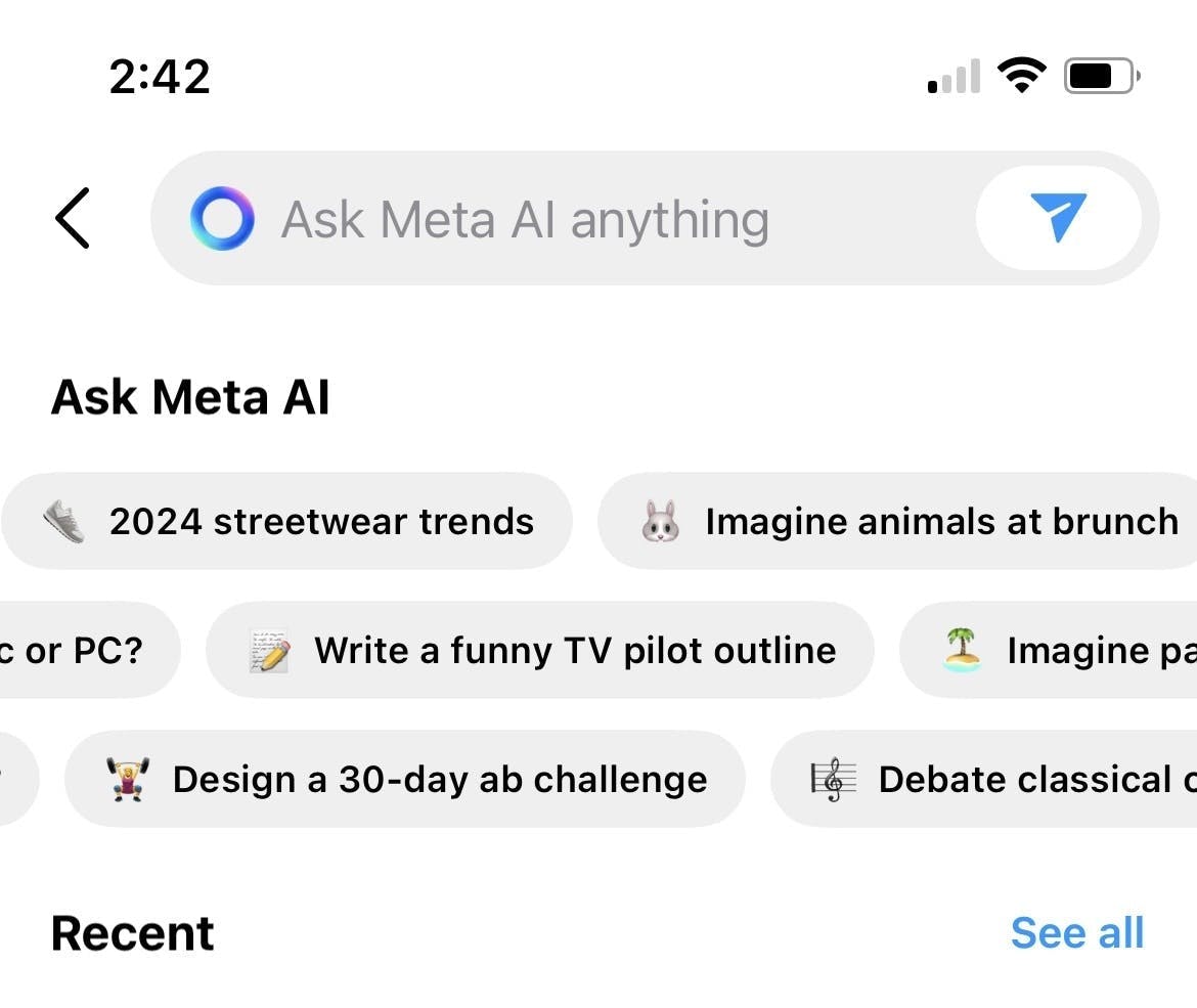 A screenshot of the new Instagram search bar that incorporates Meta AI
