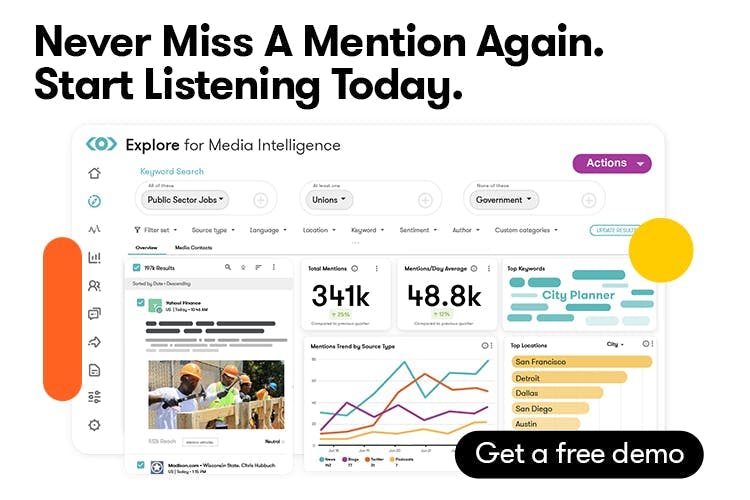 Never miss a mention again demo banner for Meltwater Explore social listening