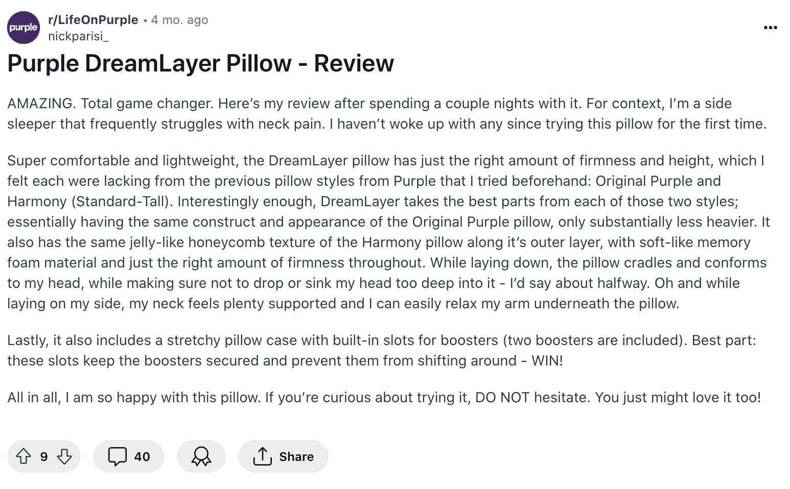 A screenshot of a post from the r/LifeOnPurple subreddit titled "Purple DreamLayer Pillow - Review" that has 40 comments.