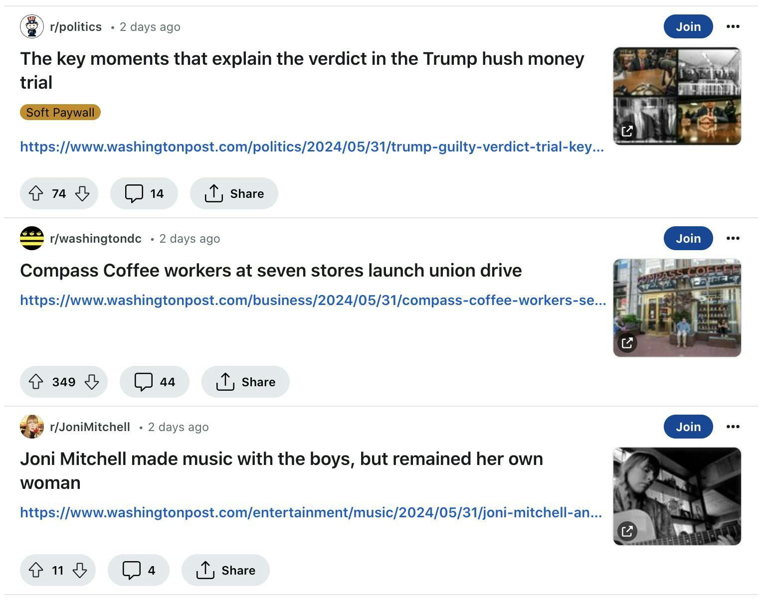 A screenshot of three posts from the Washington Post's Reddit account in the politics, Washington DC, and Joni Mitchell subreddits.