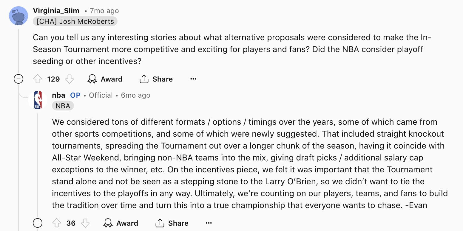 A screenshot of the NBA's response to a Redditor's question about the in-season tournament.