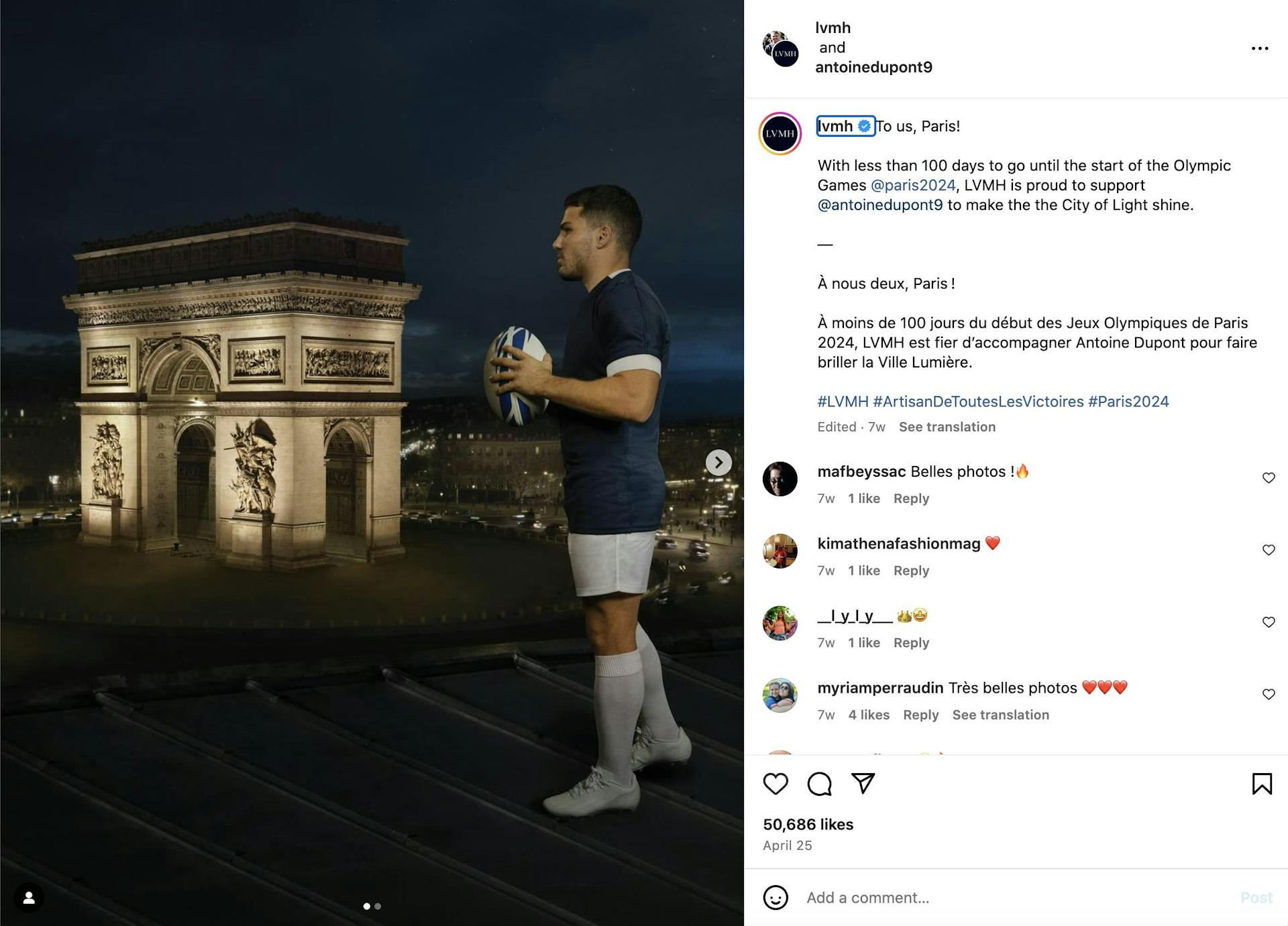 A screenshot of an LVMH instagram post featuring Antoine Dupont in front of the Arc de Triomphe.