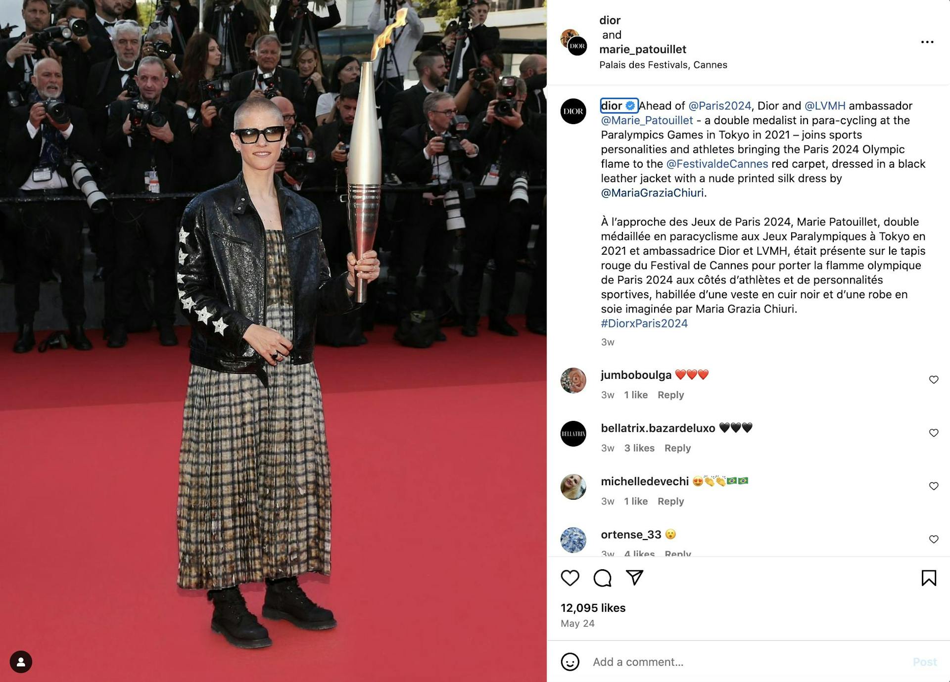 A screenshot of a Dior Instagram post showing Patouillet on the red carpet at Cannes holding the Olympic torch.