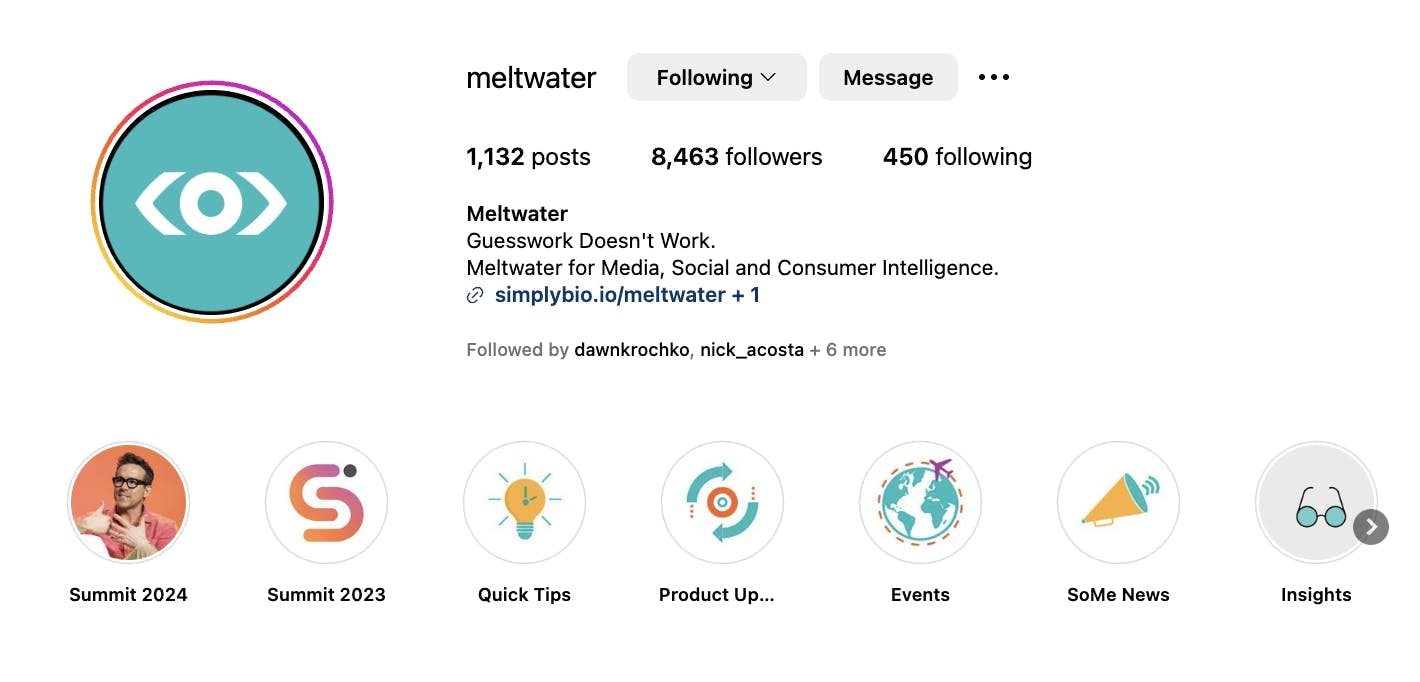 Screenshot showing the Meltwater Instagram page, illustrating a Stories highlights row and colorful ring around Instagram profile photo indicating a new Instagram Story has been posts