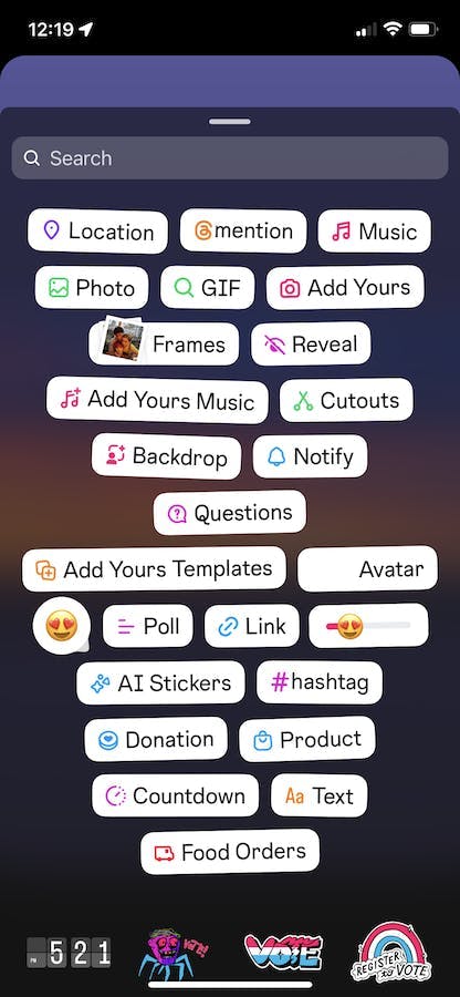 Different engagement features to choose from when posting an Instagram Story