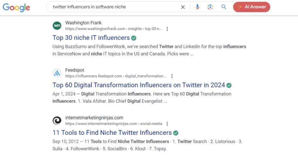 Google search results for the query twitter influencers in software niche