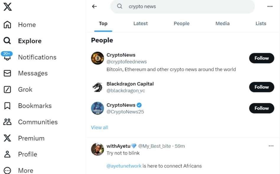 using twitter search to find crypto news