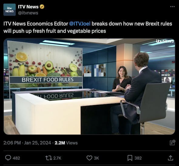 A screenshot of a video posted on X that reads, "ITV News Economics Editor  @ITVJoel  breaks down how new Brexit rules will push up fresh fruit and vegetable prices."