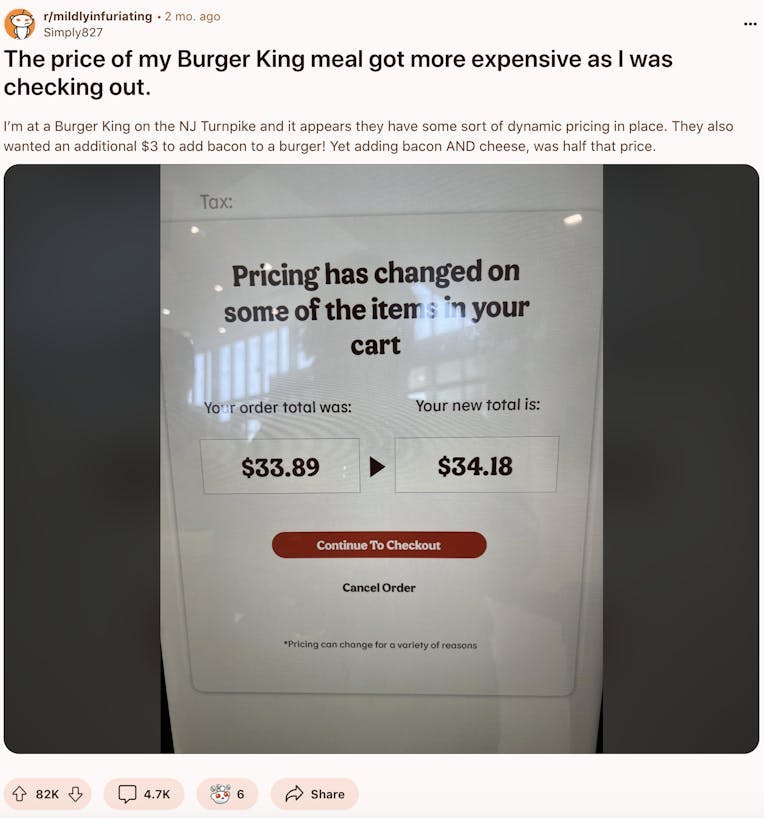 A screenshot of a Reddit post called "The price of my Burger King meal got more expensive as I was checking out."