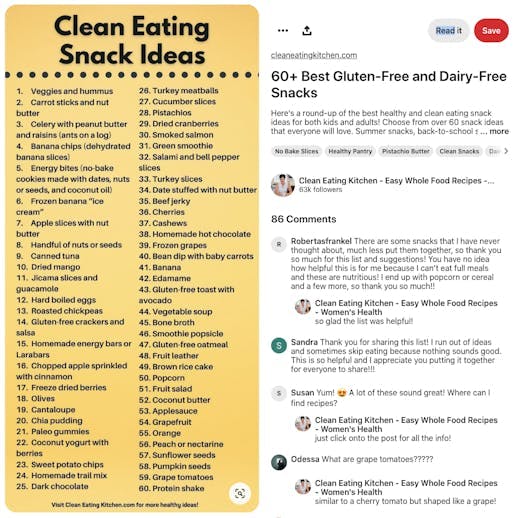 A screenshot of a pinterest post with a list of snacks called "Clean Eating Snack Ideas".