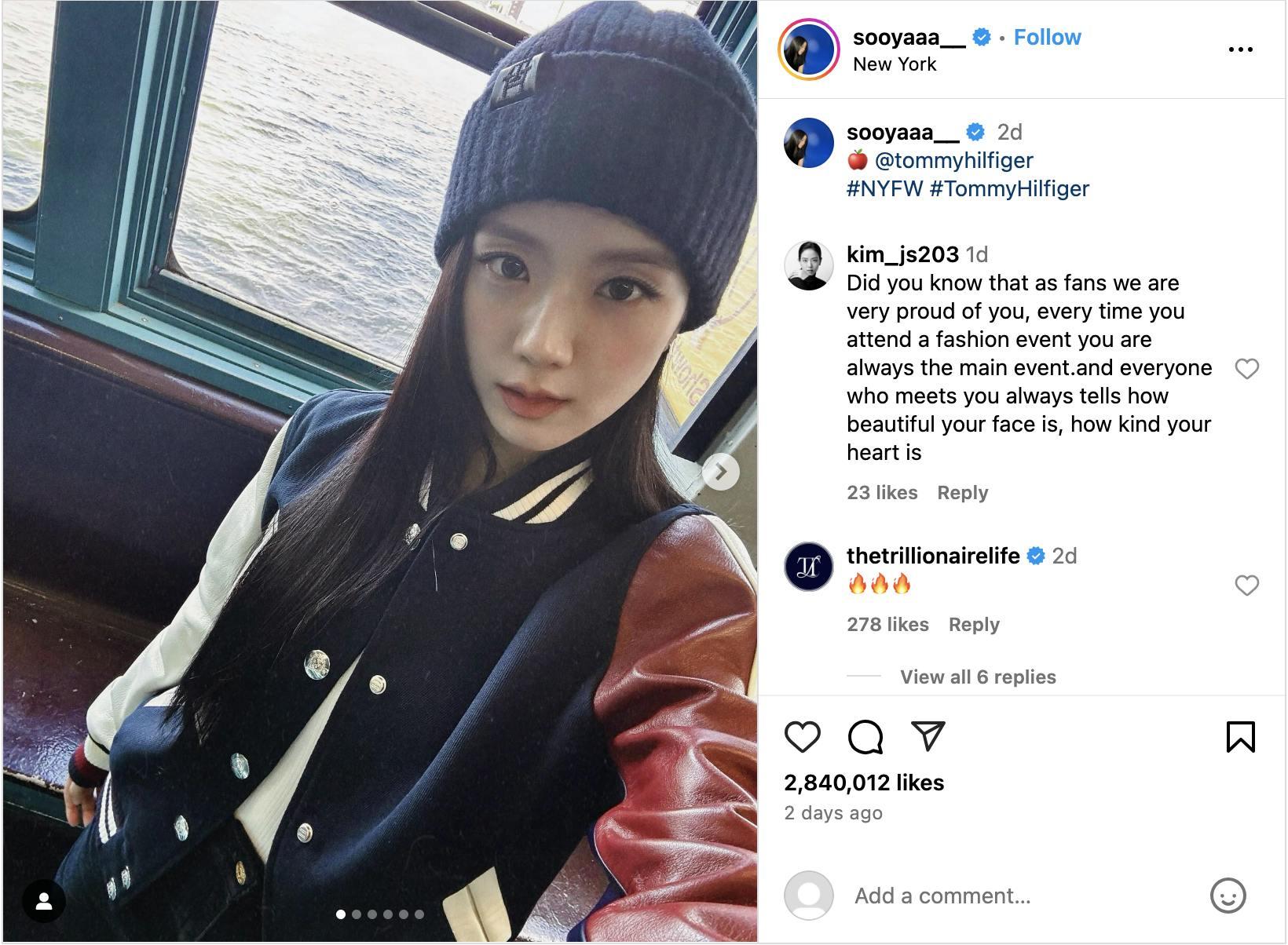 A screenshot of an Instagram post from Jisoo mentioning Tommy Hilfiger.