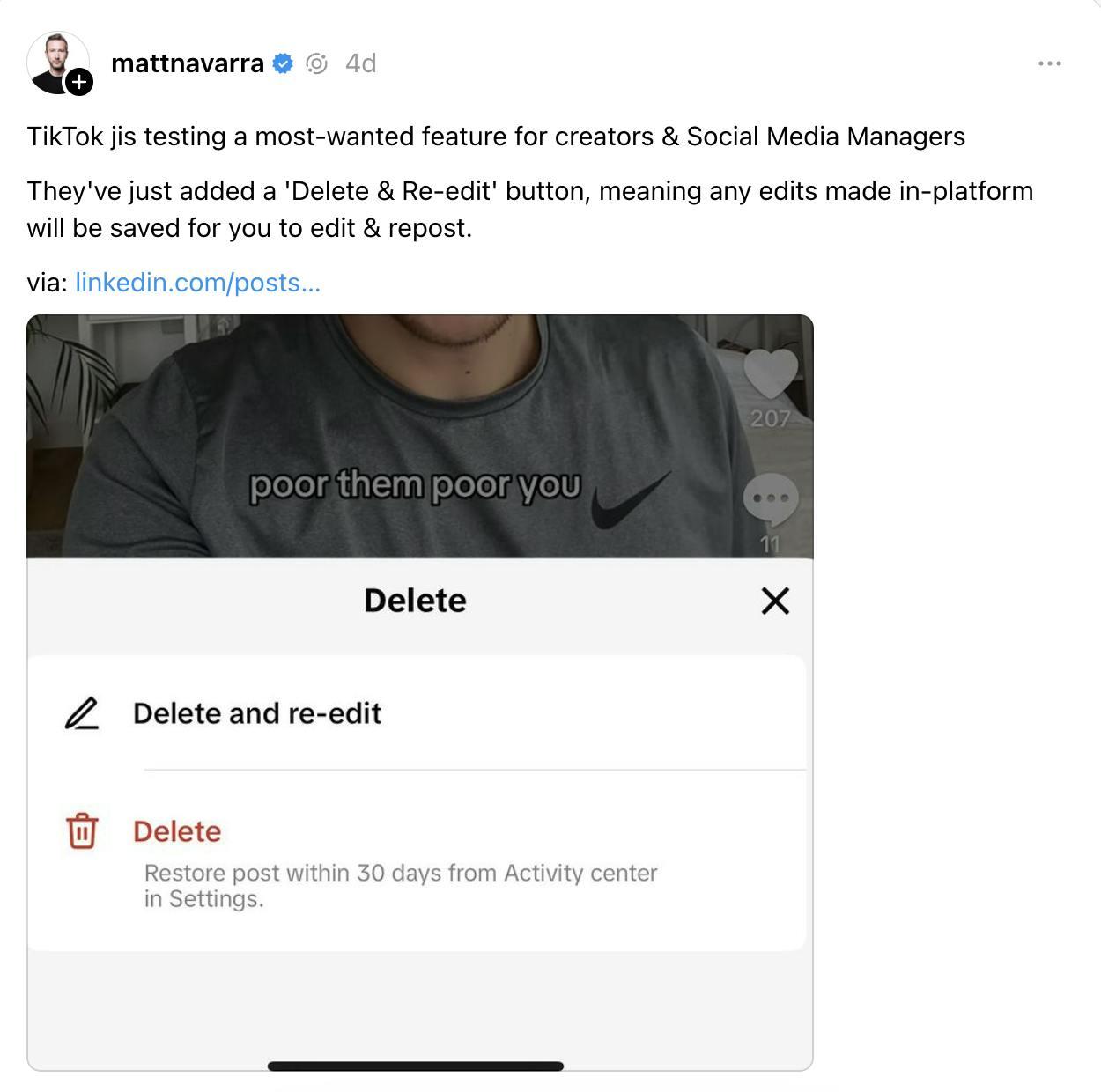 TikTok update shared to Threads