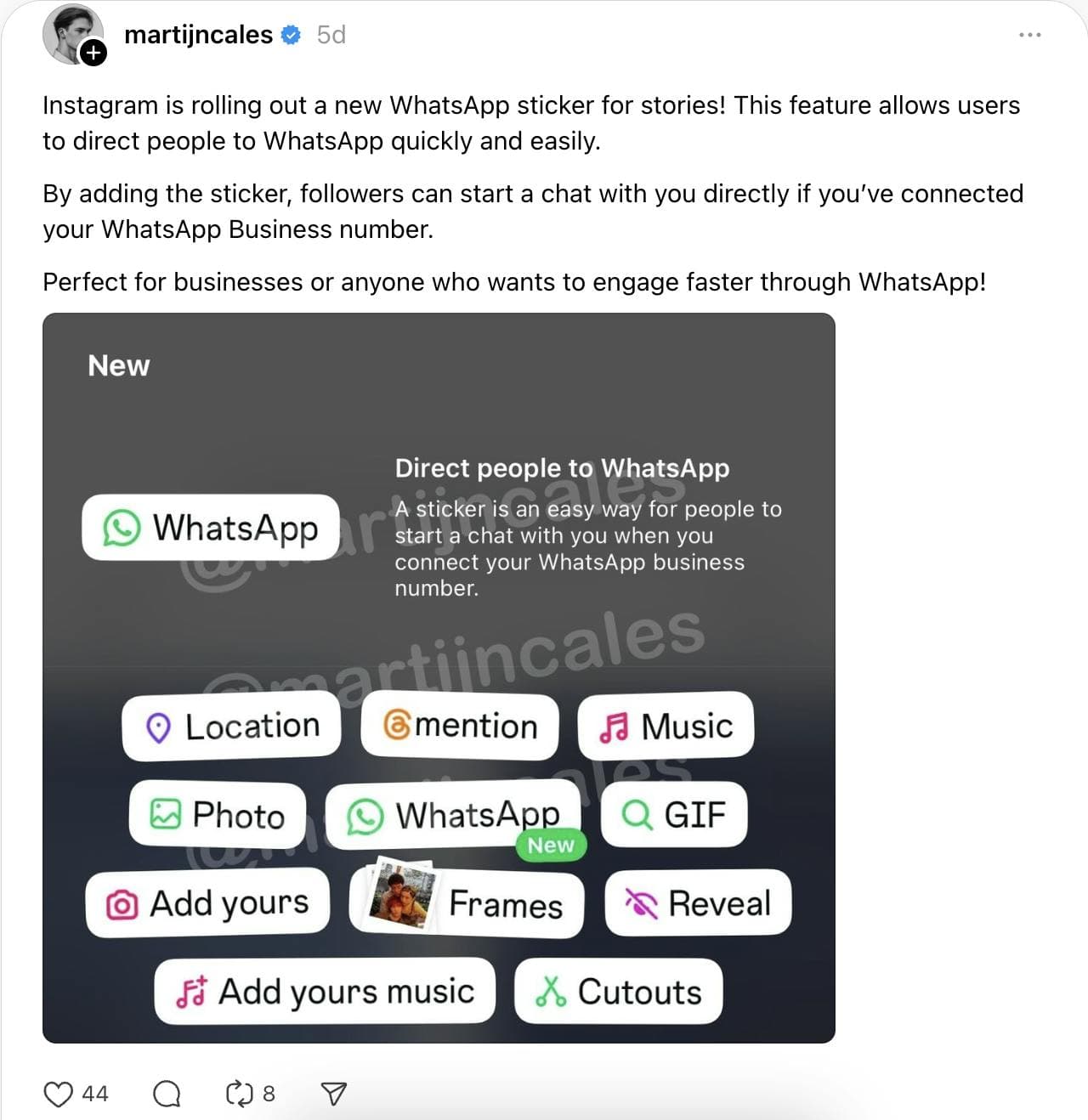 Threads Screenshot showing new Whatsapp sticker in Instagram