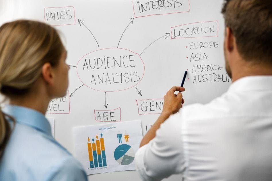 two strategists working on an audience analysis on a white board