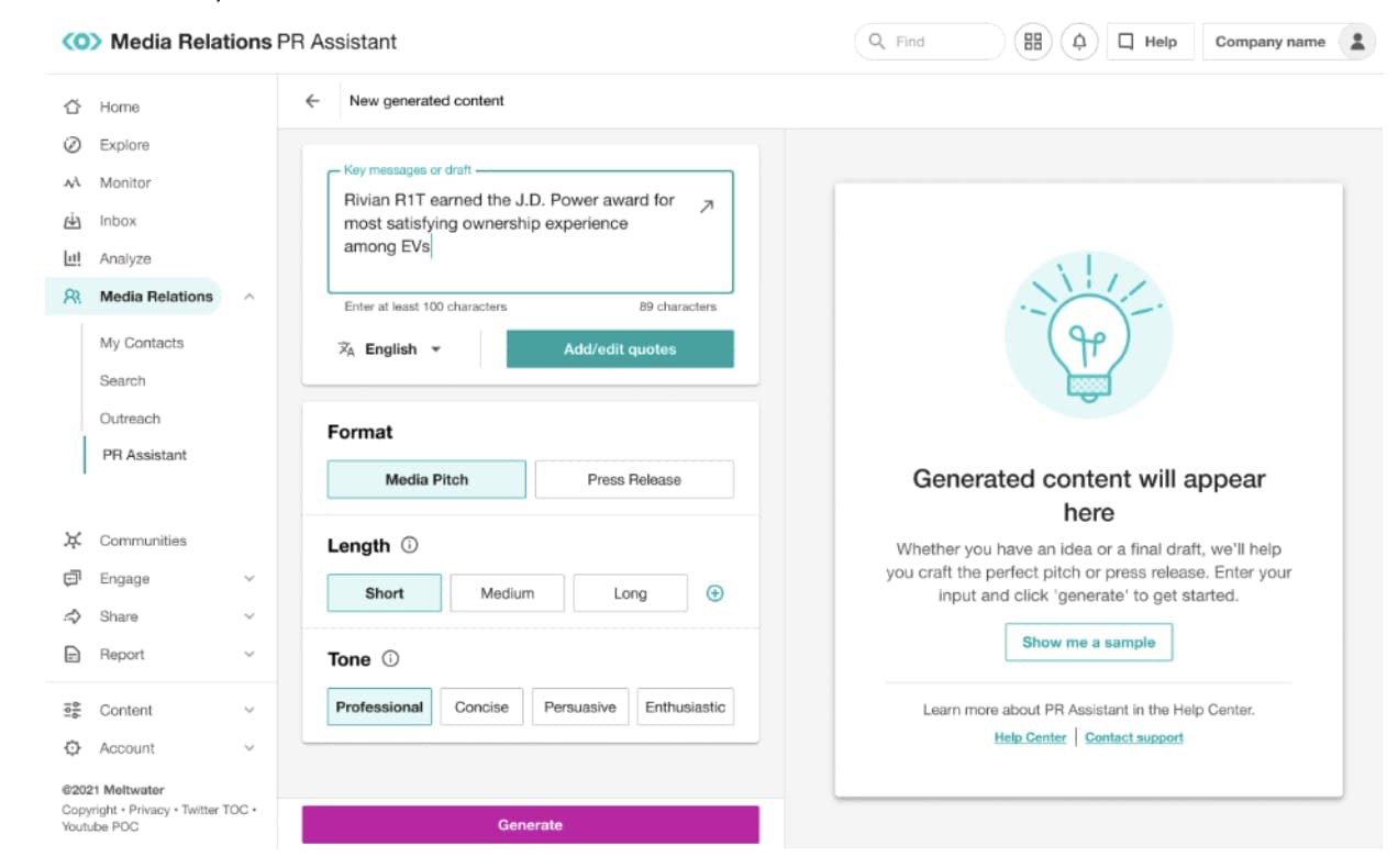 Screenshot of Meltwater PR AI Assistant