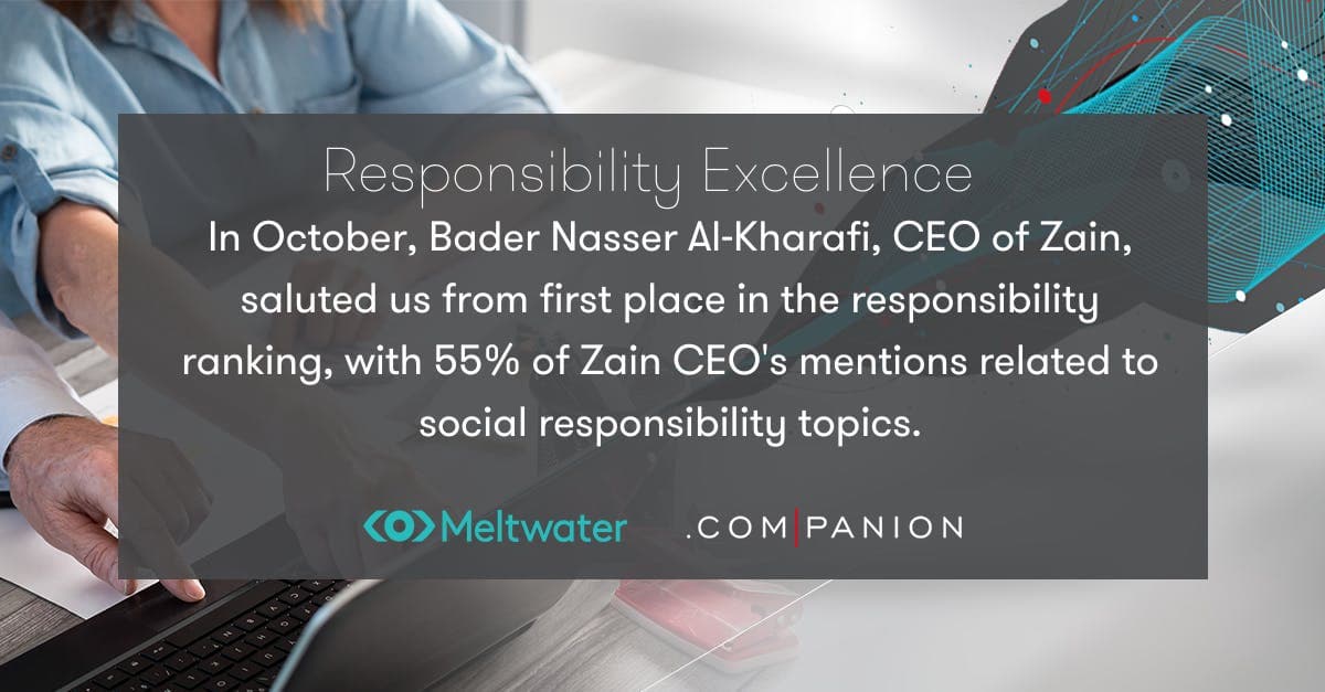 In October, Bader Nasser Al-Kharafi, CEO of Zain, saluted us from first place in the responsibility ranking, with 55% of Zain CEO's mentions related to social responsibility topics.